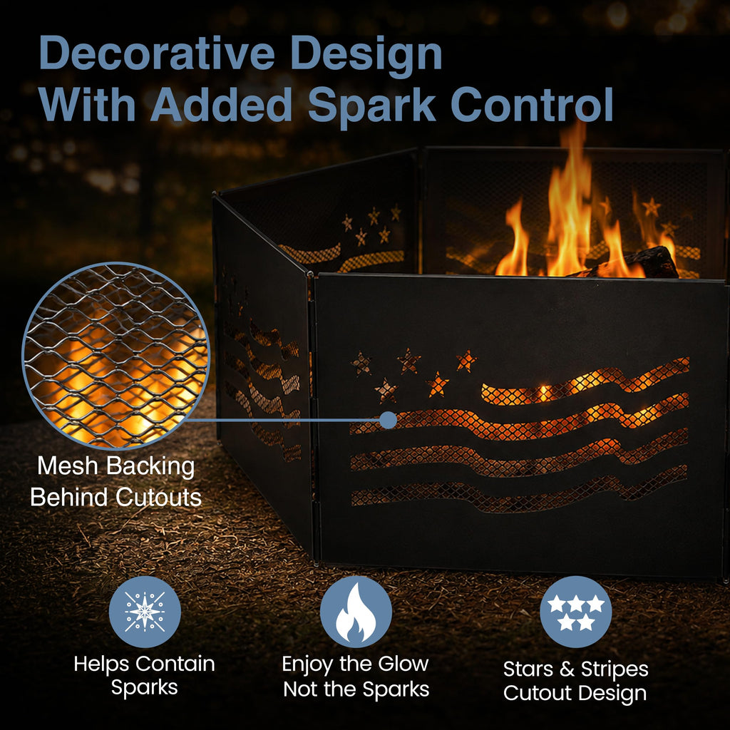 36" x 12" Zion Portable Folding Fire Ring, Steel Mesh Foldable Fire Ring, Stars and Stripes, Black
