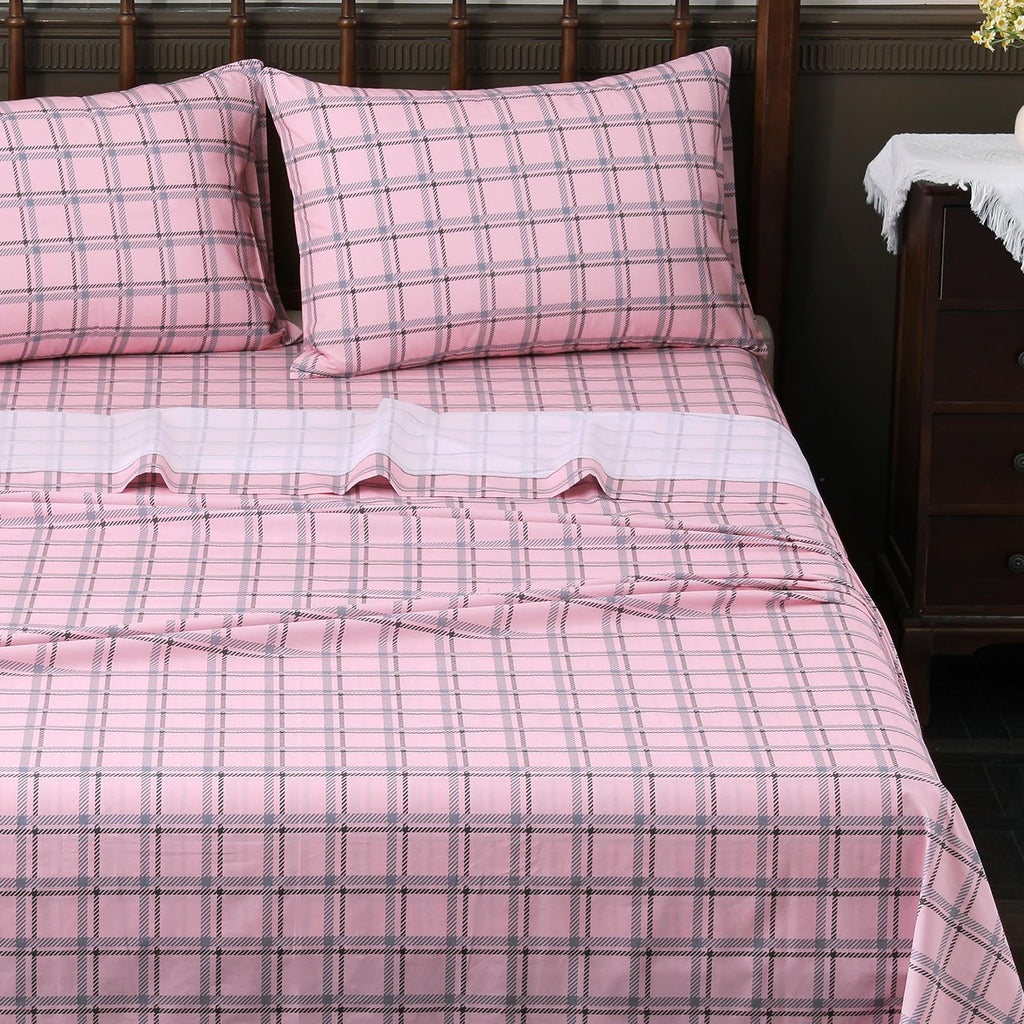 100% Percale Cotton King Sheet Set, Pink Gingham Cotton Sheets 4PC