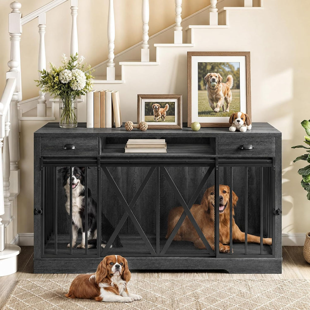 63" Double Dog Crate TV Stand with Charging Station for 2 Dogs