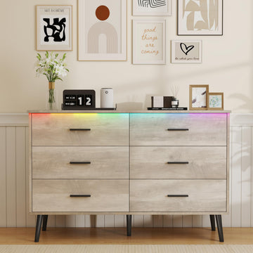 Grey Dresser, Dressers & Chests of Drawers for Clothes Storage, Wood Dresser for Closet with 6 Drawers, Wide Long