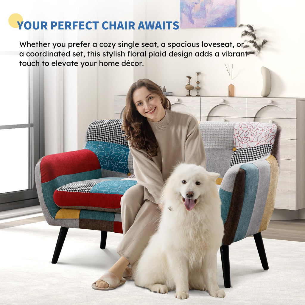 Modern Boho Loveseat Couch Sofa Chair Bedroom, Upholstered Colorful Plaid Fabric 2-Seat Love Seat Sofa with Wood Leg