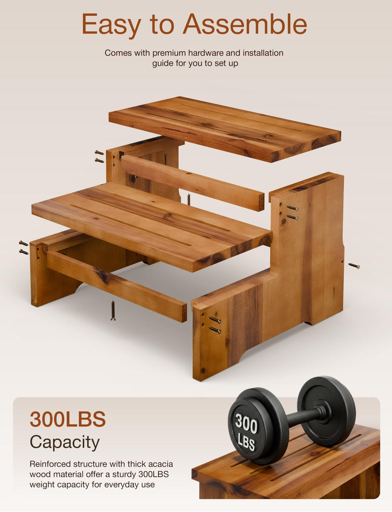 16.5" Acacia Wood Long Step Stool for Adult, 300LBS (Patent Pending)