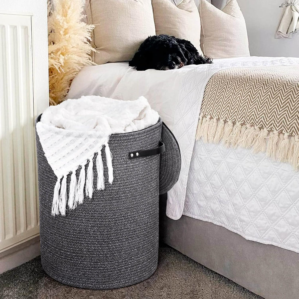 Large Woven Laundry Basket with Lid & Leather Handles, 60L, Grey | 15" x 20" Tall Laundry Hamper, Storage Basket for