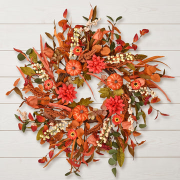 24 Inch Pumpkin Fall Wreath for Front Door with Berry & Mixed Leaves