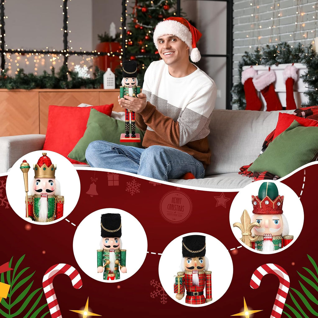 4 Pcs 12 Inch Christmas Wooden Nutcracker Soldiers Red Green Retro