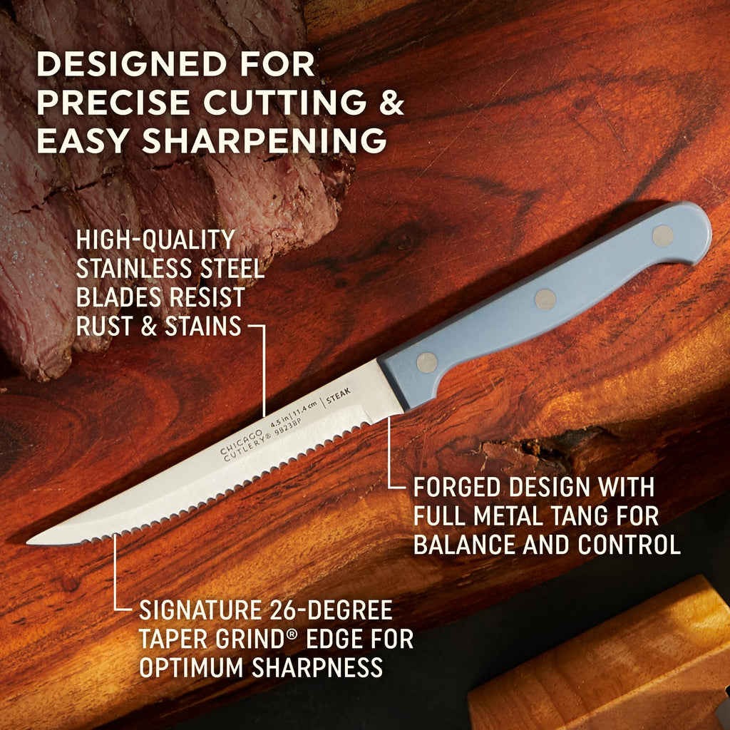 Halsted Steak Knives & Wooden Block Set, Ergonomic Handles and Sharp Stainless Steel Professional Chef Cutlery
