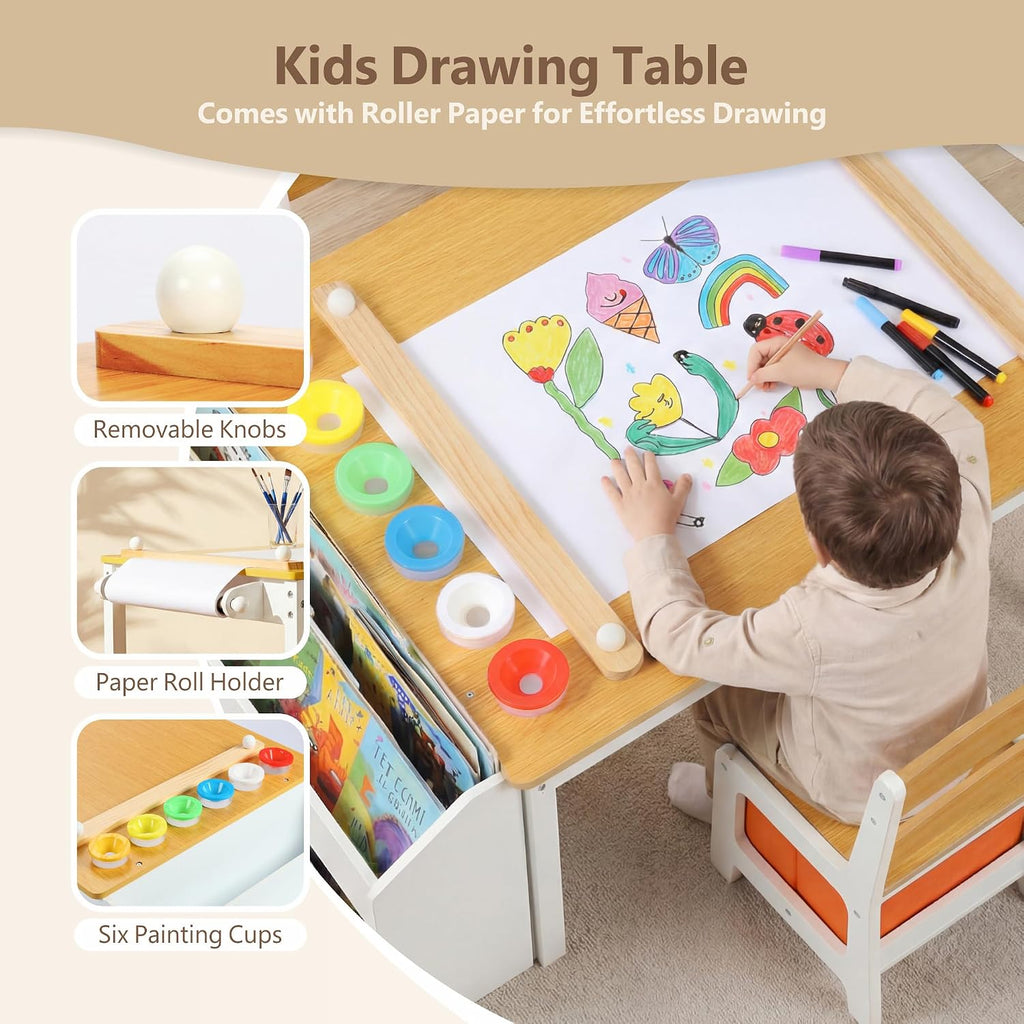 Kids Art Table & 2 Chairs Set, Bookshelf, Natural & White