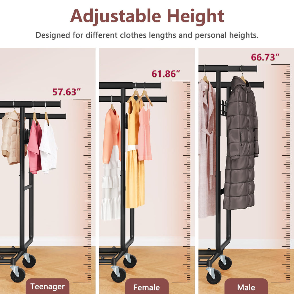 2-Minute Assembly Double Rod Clothes Rack, Heavy Duty Rolling Clothing Racks with Wheels, Foldable Commercial Garment