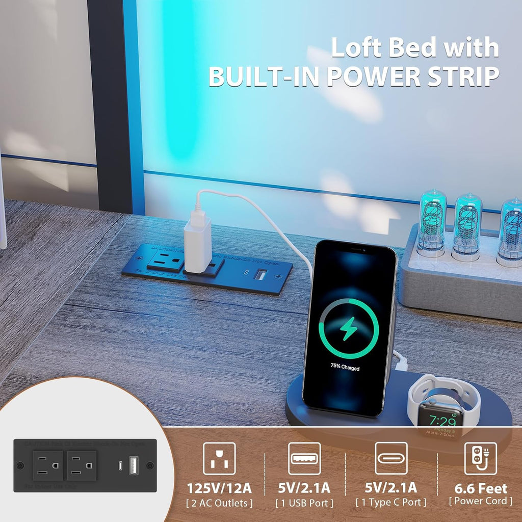 Twin Loft Bed with Desk and 5 Storage Drawers,Loft Bed Twin with LED Lights and Charging Station
