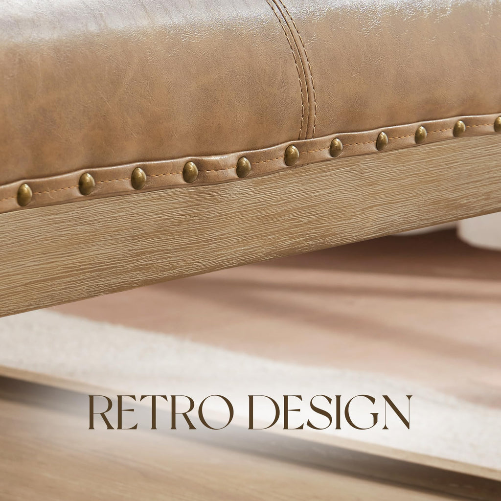 33-Inch Leather Ottoman Coffee Table, Large Ottoman with Shelf & Solid Wood Frame (Light Brown)