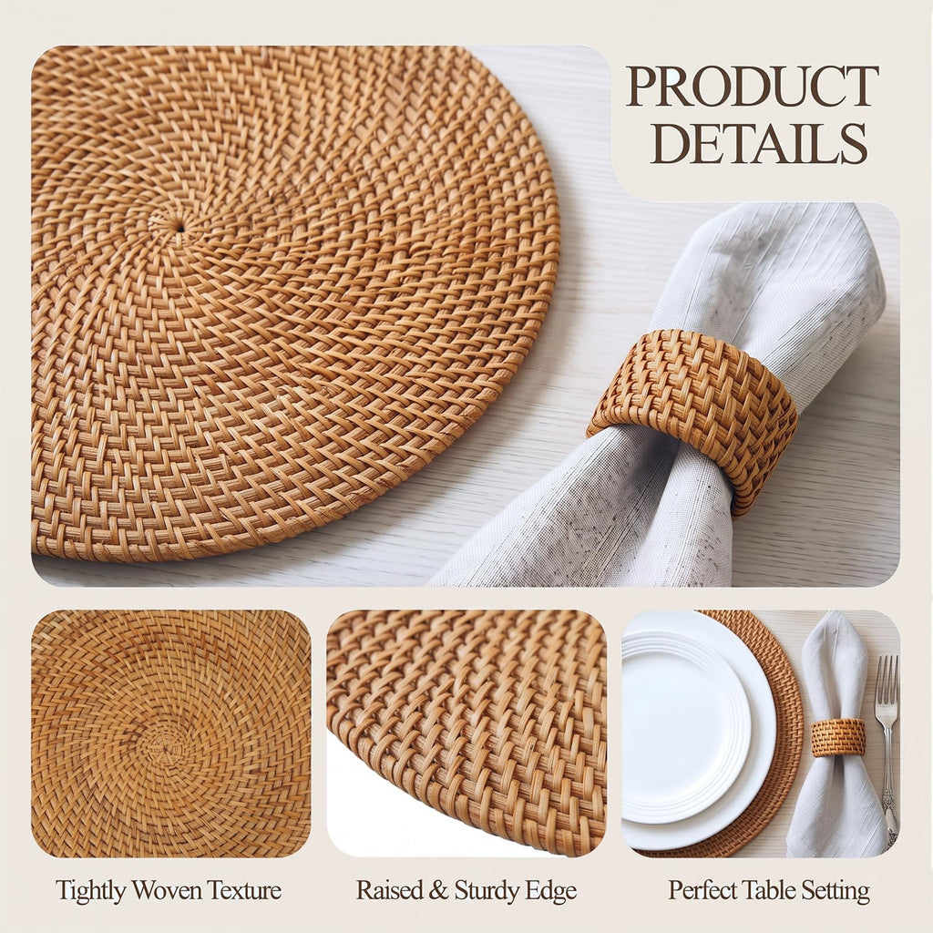 6 Pcs Rattan Charger Placemats with Napkin Rings Set, Brown