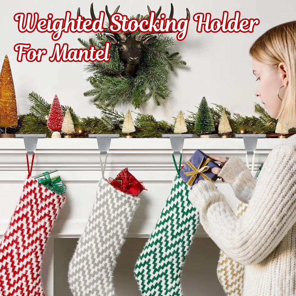 Christmas Stocking Holders for Mantle Set of 4, Silver Heavy Duty Iron Stocking Hangers Base, Low Profile Weighted