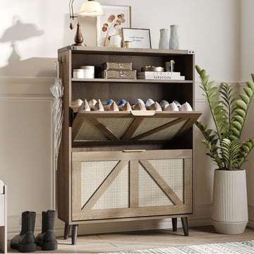 Shoe Cabinet with 2 Flip Drawers & Open Storage, Farmhouse Shoe Storage Cabinet, Freestanding Narrow Organizer Rack