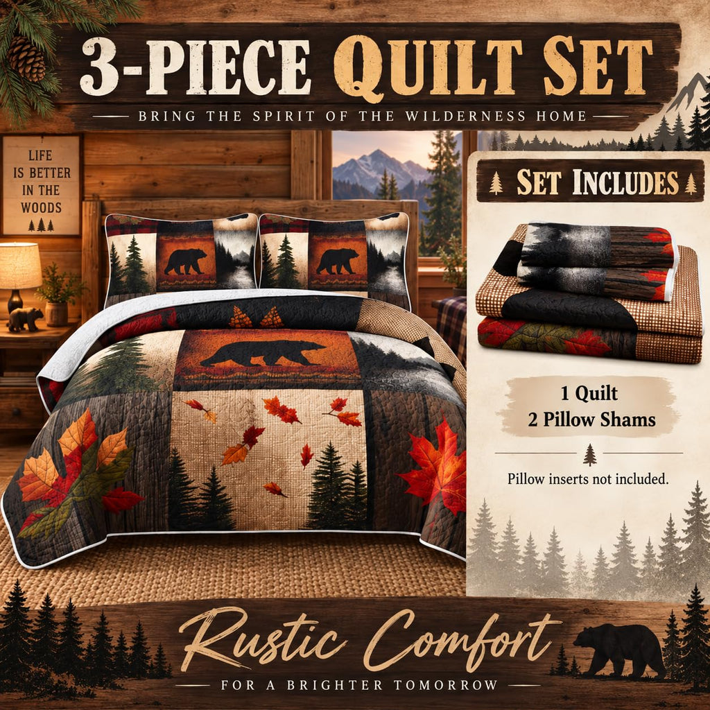 Rustic Bear Quilt Set, Western Bedspread Bedspread Coverlet with 2 Pillowcases, 3-Piece Bear Walk Cabin Plaid