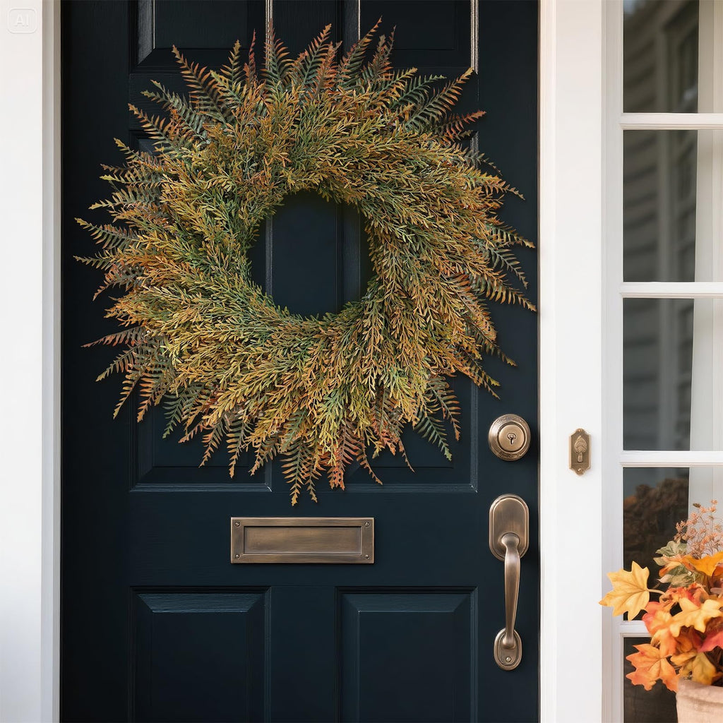26" Large Artificial Fern Leaves Fall Wreath for Front Door (Orange-Green)