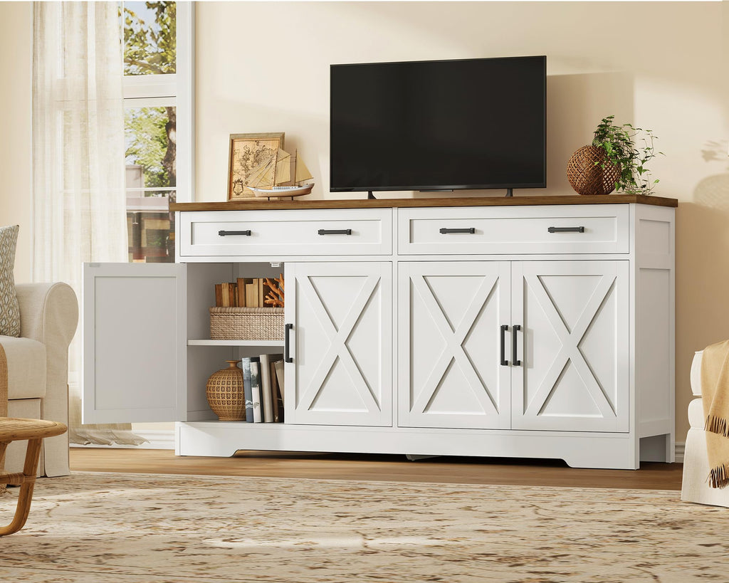 63" W Buffet Cabinet with Storage, Sideboard Cabinet with 2 Adjustable Shelves and 4 Doors, Modern Farmhouse Coffee