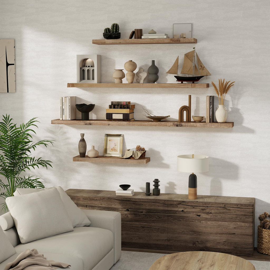 Floating Shelves Reclaimed Barnwood, 8" Deep Solid Wood Floating Shelf Wall Hanging Shelves with Invisible Heavy-Duty