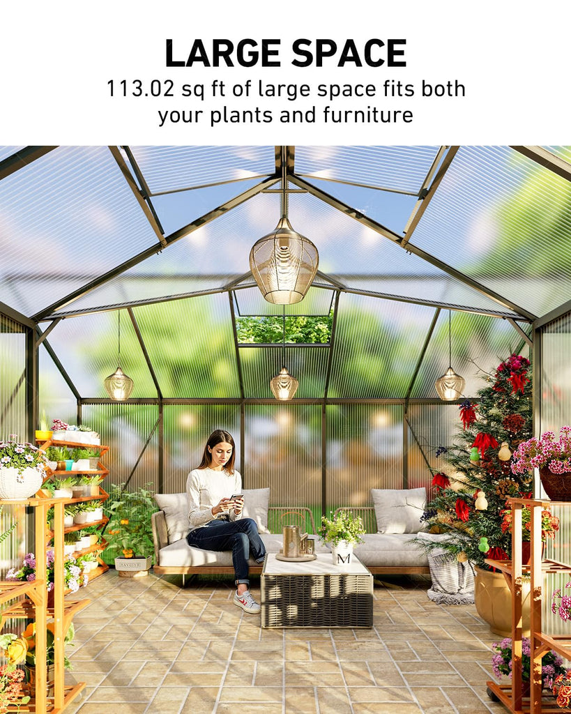 12x12 FT T-Shape Greenhouses, Polycarbonate Green House with UV Protection