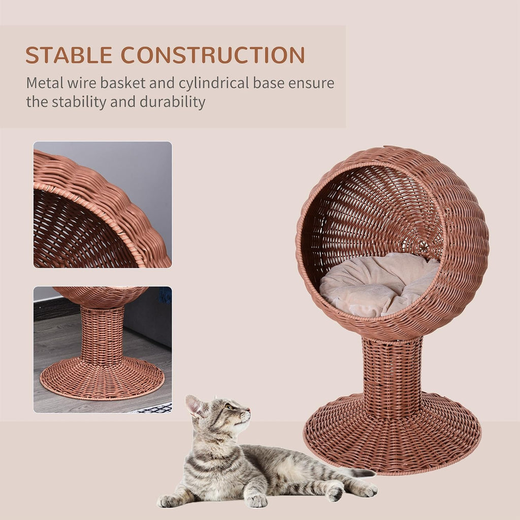Elevated Cat Bed with Rotatable Egg Chair Pod, Cat Basket Bed with Thick Cushion, Natural Mat Grass Woven Kitty