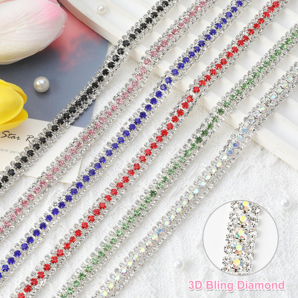 Rhinestone Chain, 3 Yard 3 Row Rhinestone Trim, Silver Bling Diamond Rhinestones Strips Glitter Bling Crystal