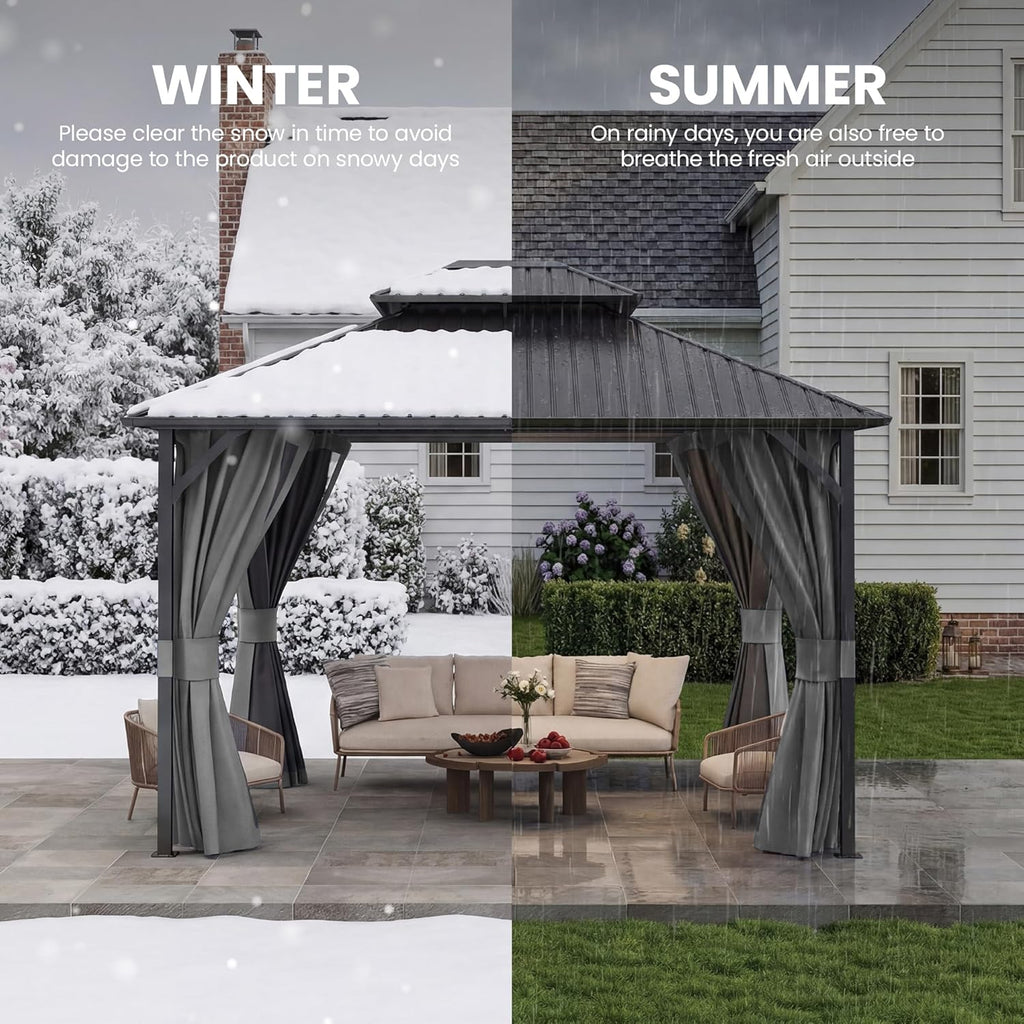 10'x12' Hardtop Gazebo, Metal Gazebo with Galvanized Steel Double Roof, Permanent Patio Pavilion for Dining Parties