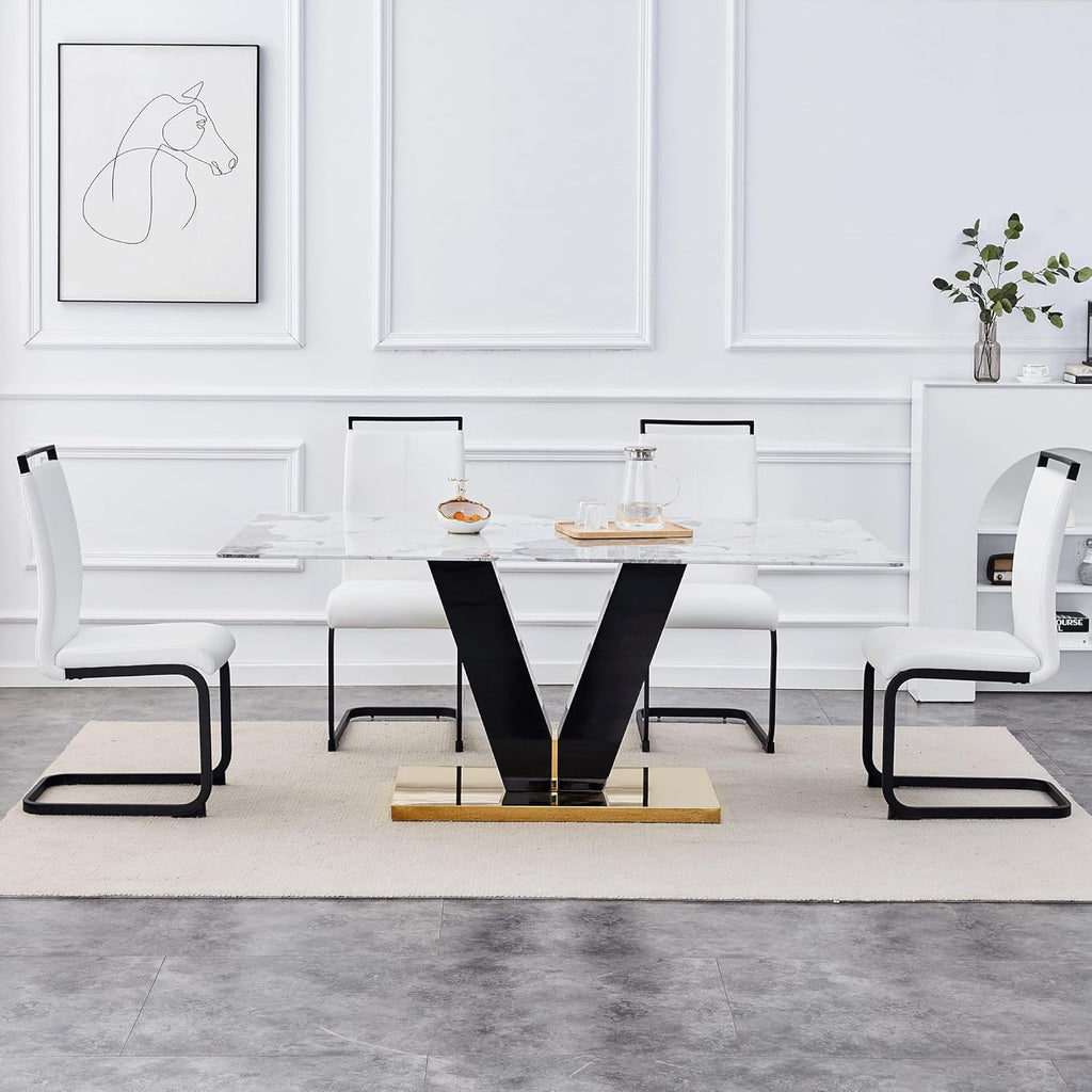 Marble Dining Table,Modern Dining Room Table with Golden Stainless Steel Base,Marble Kitchen Table for 8 People,71''