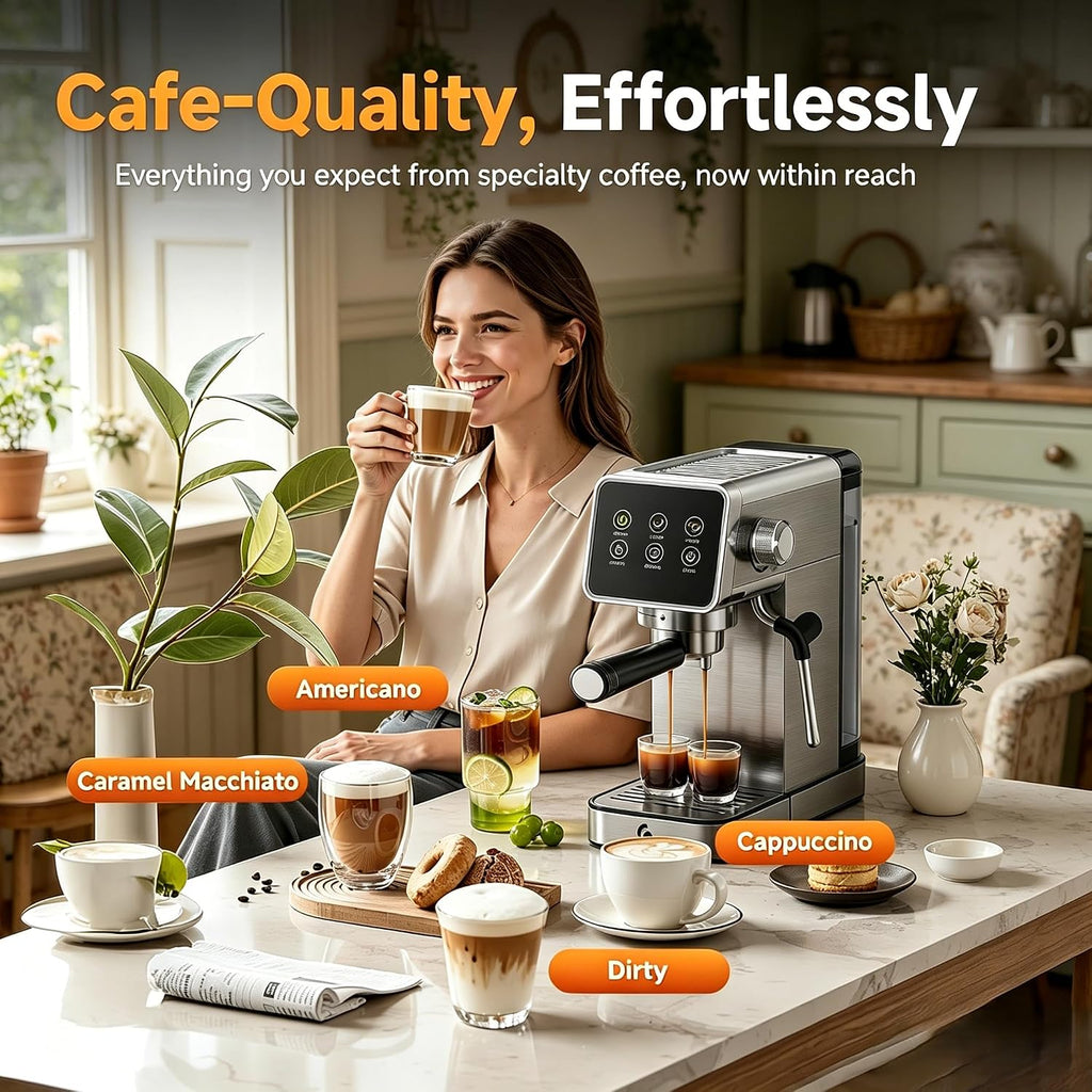 20 Bar Home Espresso Coffee Machine | LED Touchscreen, Built-in Milk Frother, Self-Cleaning Function, Makes Latte &