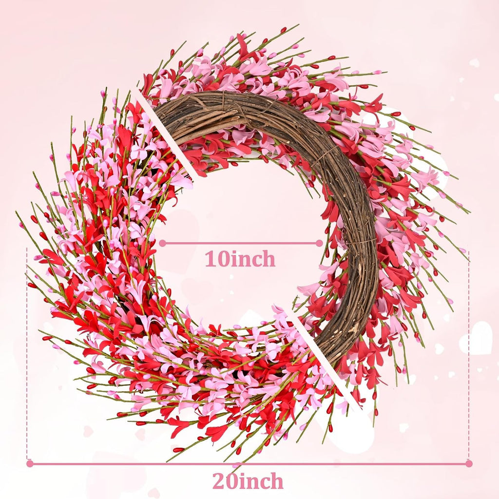 20IN Valentines Wreaths for Front Door Decorations, Pink Forsythia Valentine Wreath, Spring Summer Wreath