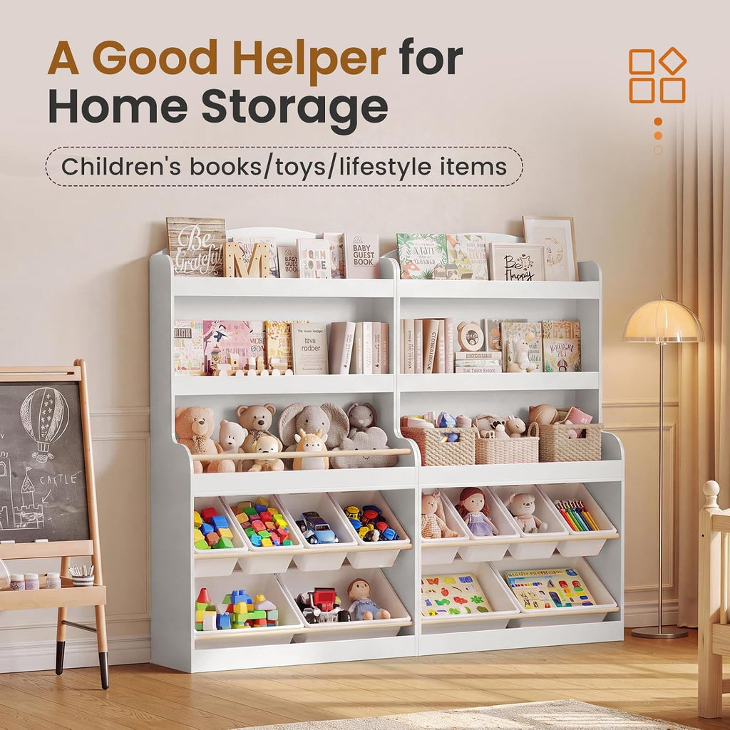 51" H Kids Toy Storage Organizer with Bookshelf and 6 Removable Toy Bins, 5-Tier Toy Organizers with Stuffed Animal