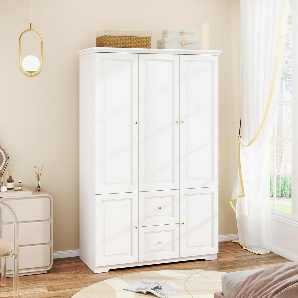 White Armoire Wardrobe Closet with 2 Drawers and 3 Doors, 74" H