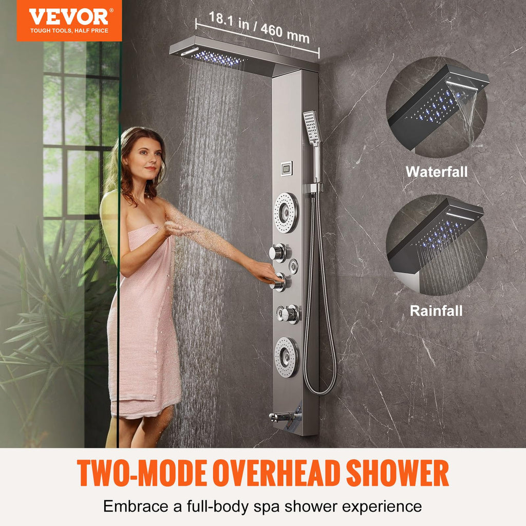 Shower Panel Tower System, 6 Shower Modes, LED & Display Shower Panel, Rainfall, Waterfall, 4 Body Massage Jets, Tub