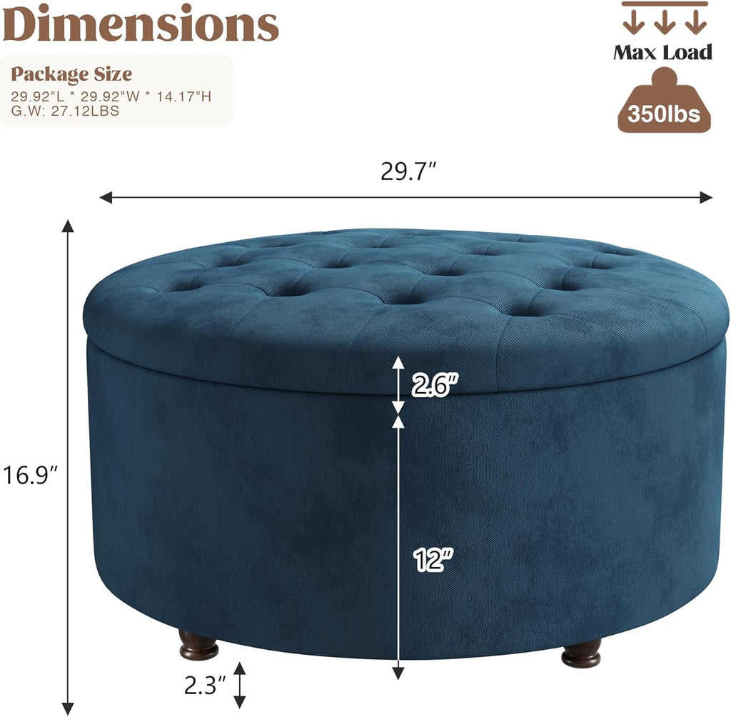 30 Inch Round Storage Ottoman,Modern Blue Tufted Ottomans,Circular Coffee Table with Removable Top,Upholstered Large