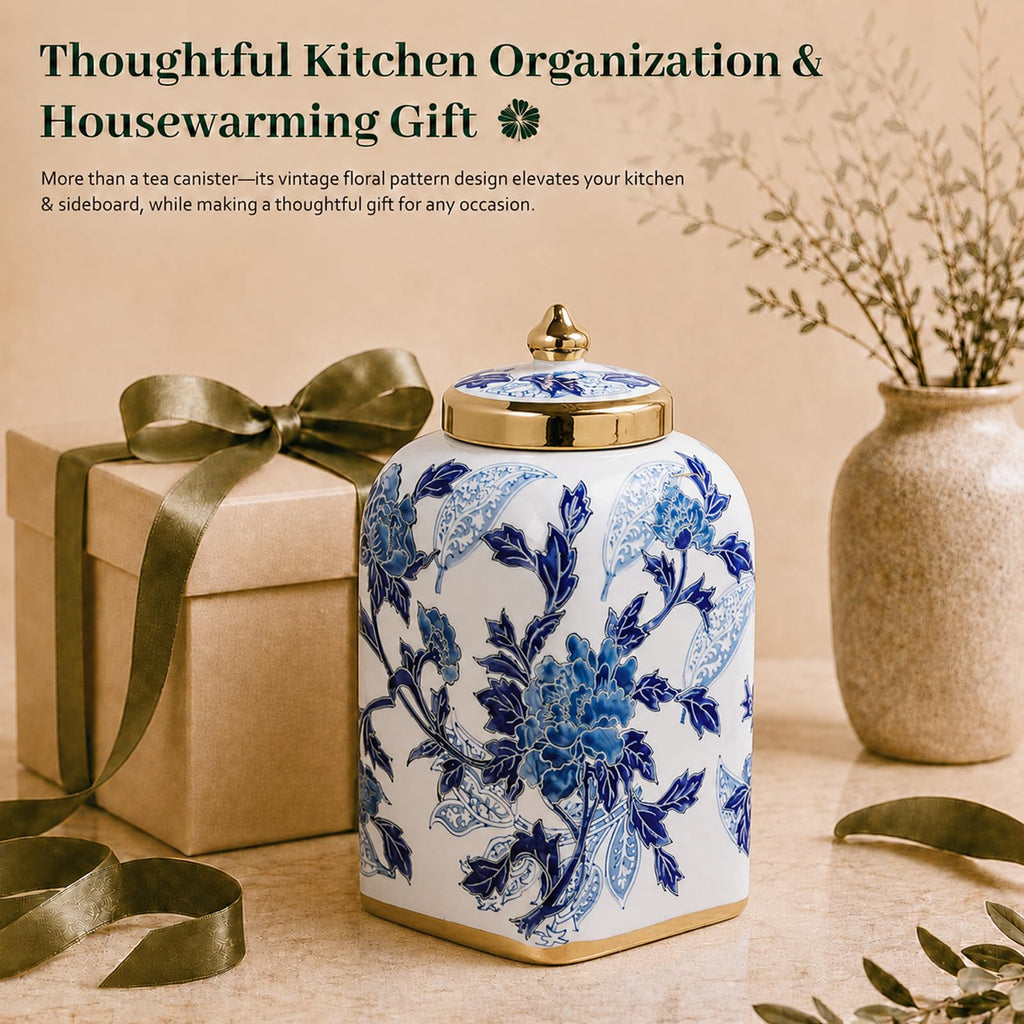 12.5" H Ceramic Kitchen Canisters for Countertop, Tea & Coffee Bean Storage Canister with Airtight Lid, Blue and