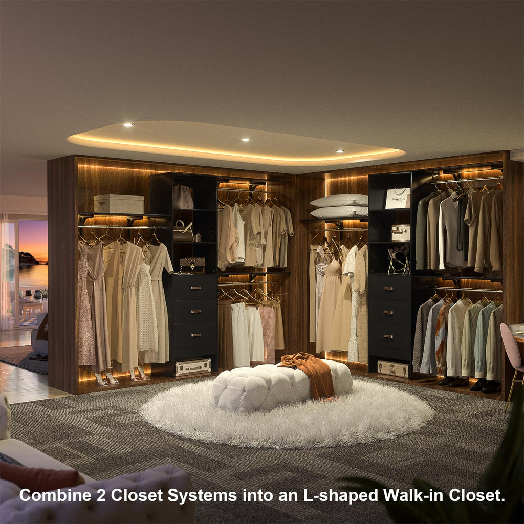 8FT Closet System, 96'' Closet Organizer System with 3 Hanging Rods, Wall Mount Bedroom Wardrobe with 3 Drawers