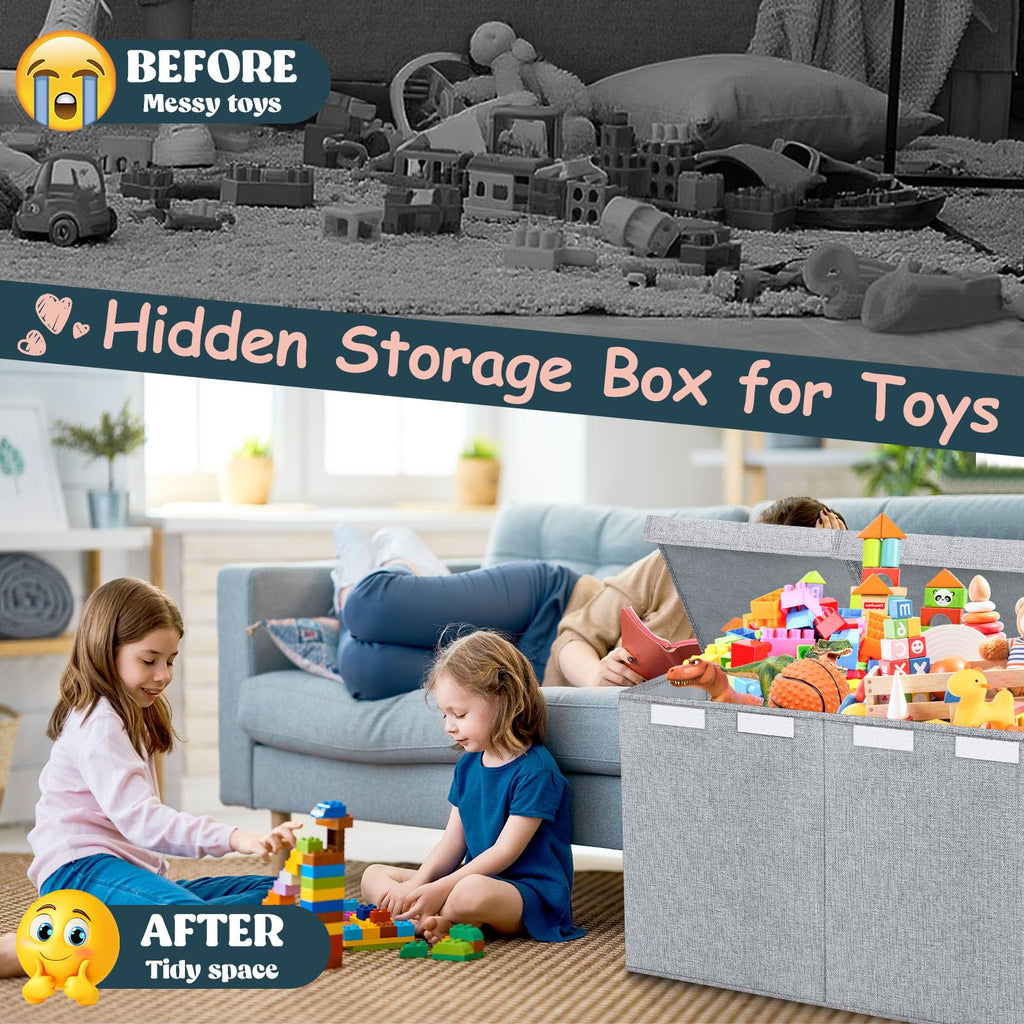 Extra Large Toy Box with Lids, Collapsible Storage Bin, 38"x16"x14", Gray