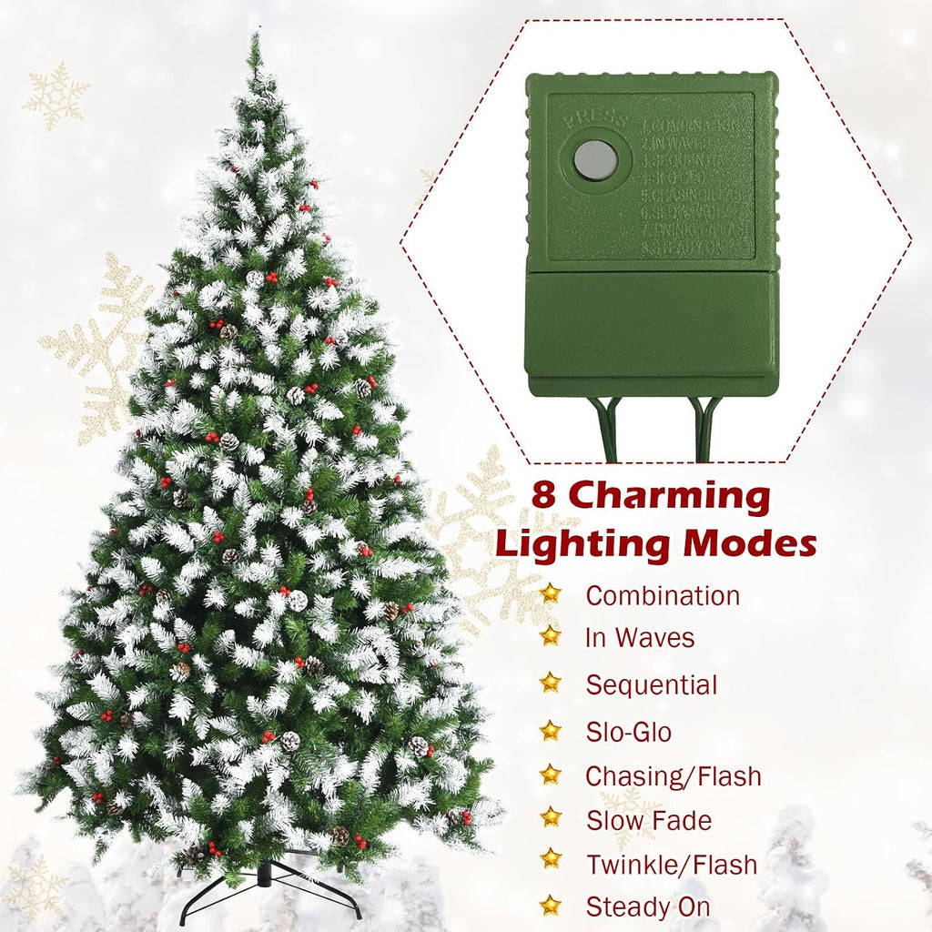7.5ft Pre-lit Artificial Christmas Tree, Hinged Snow Flocked Xmas Tree w/Pine Cones, Red Berries & 550 LED Lights, 8