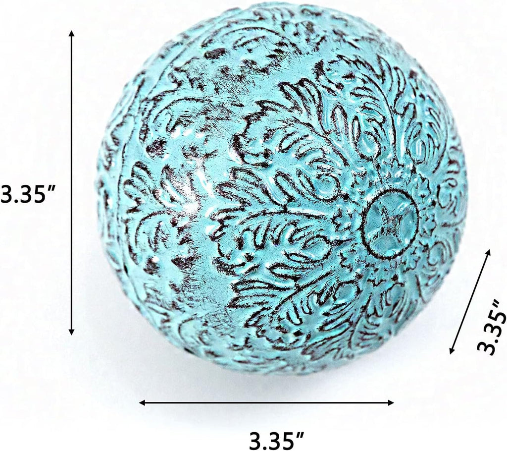 Decor for Table Iron Decorative Sphere Orbs Decorative Balls 3.35 Inches Blue Turquoise Flower Metal Hollow Damask