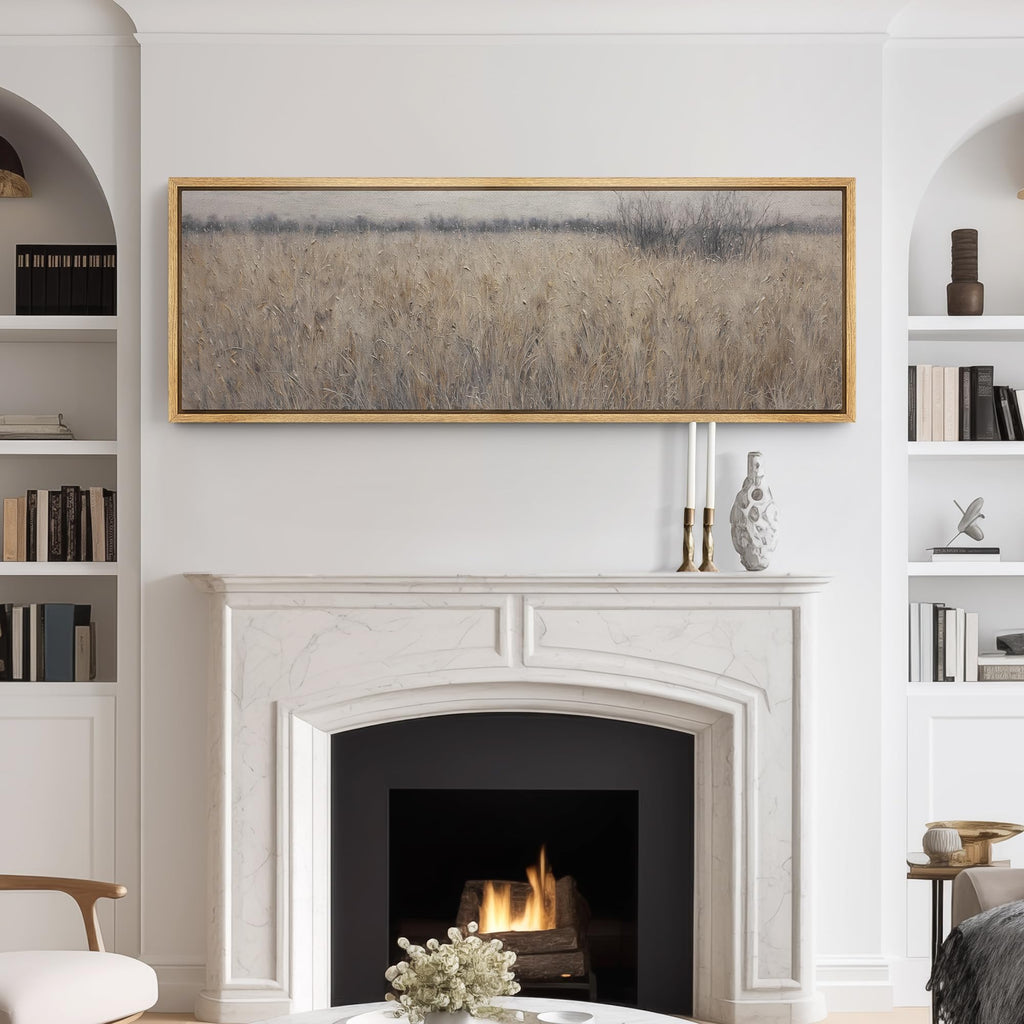Large Framed Canvas Print Wall Art Neutral Wheat Field Rustic Prairie Landscape Illustrations Modern Art Relax/Calm