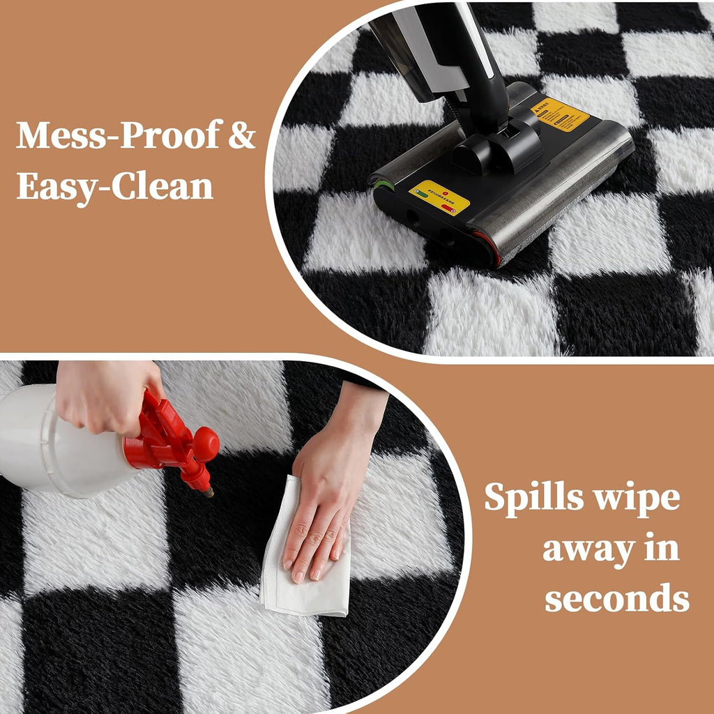Checkered Shag Area Rug 8'x10', Black and White Plush Rug, Non-Slip Soft Carpet Nursery, Modern Floor Decor with