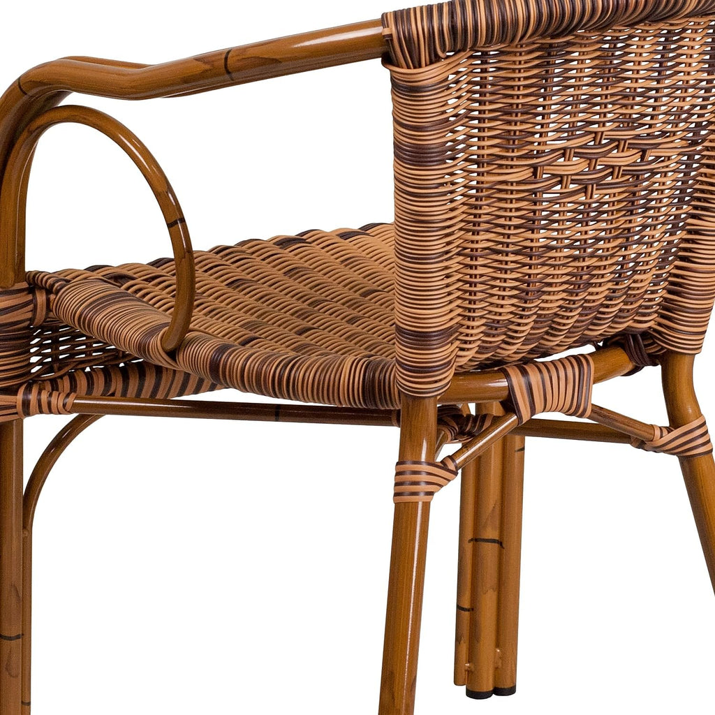 3 Pack Cadiz Series Burning Brown Rattan Restaurant Patio Chair with Dark Red Bamboo-Aluminum Frame