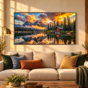 Large Framed Rustic Mountain Lake Wall Art, Forest Cabin Sunset, 24x48 In