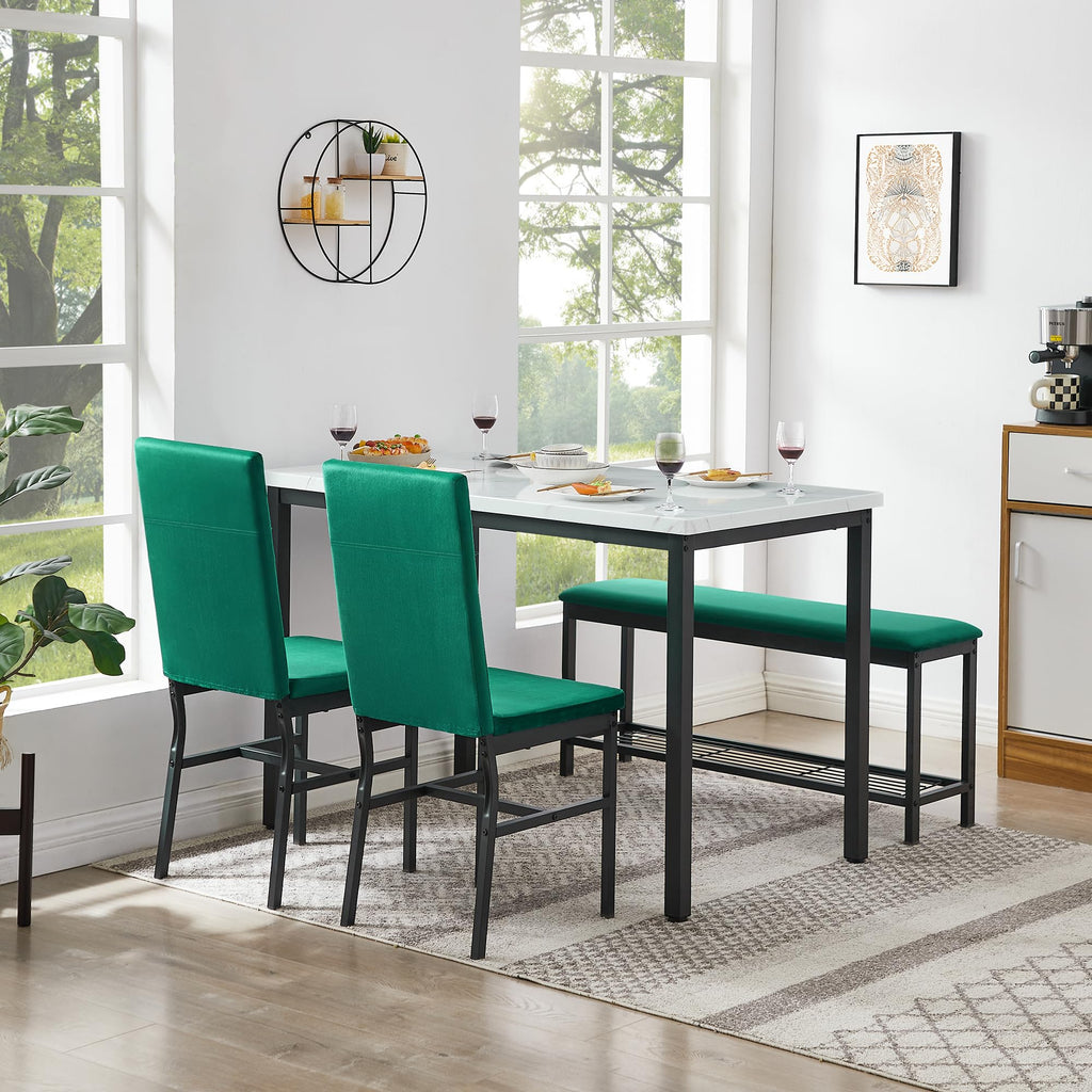 Dining Table Set for 4, Faux Marble Kitchen Table, Kitchen Table Chairs Set with Velvet Chairs, Bench with Storage Net