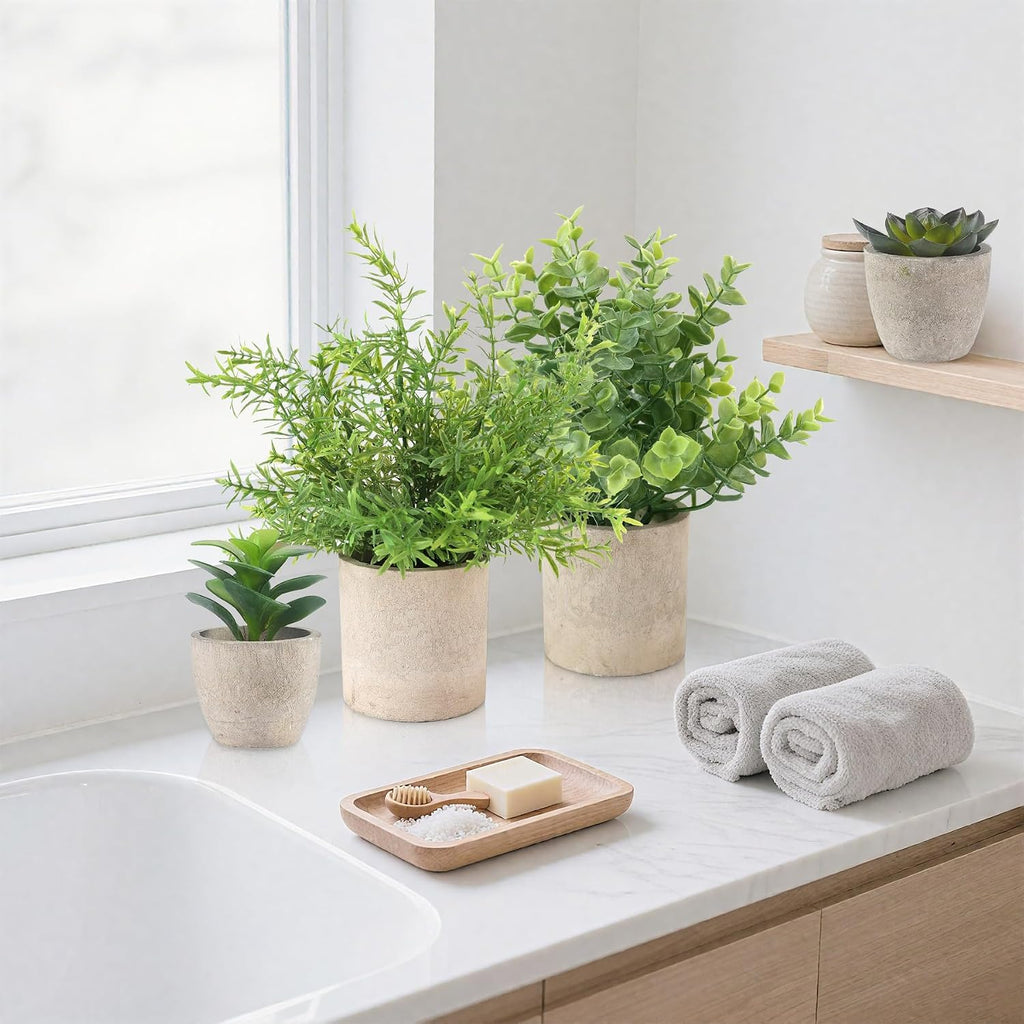 4 Pack Small Fake Plants, 10" Artificial Plants Indoor Eucalyptus/Rosemary/Succulents, Small Faux Plants in Pulp Pot