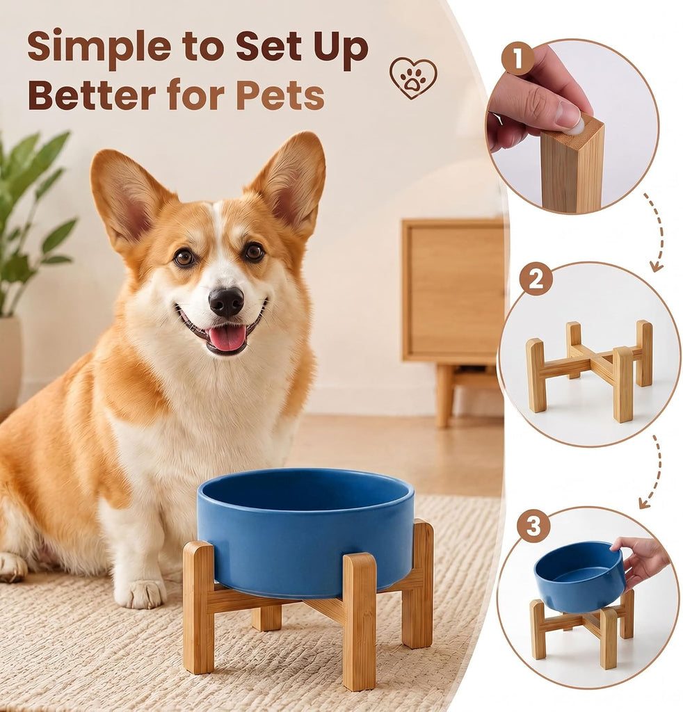 Elevated Ceramic Dog Bowl with Bamboo Stand, Raised Pet Feeding Station for Small Medium Dogs Cats, Modern Design