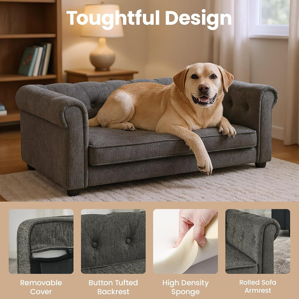 Elevated Dog Sofa with Backrest and Armrests, Button Tufted Dog Couch Bed with Soft Cushion for Medium Dogs, Stylish