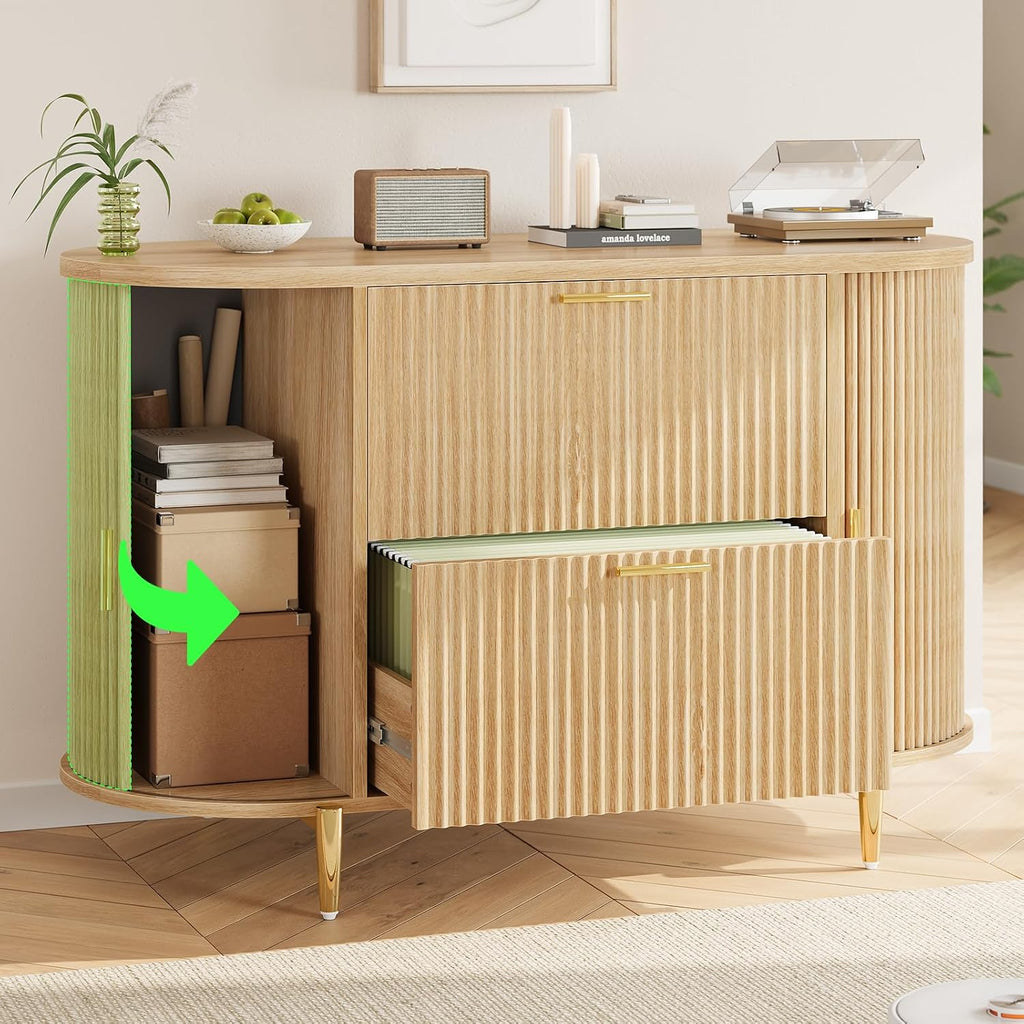 Fluted 2 Drawer File Cabinet with 2 Sliding Door | 39.4" Filing Cabinet ,fit Legal/Letter/A4 Siz,Modern File Cabinet