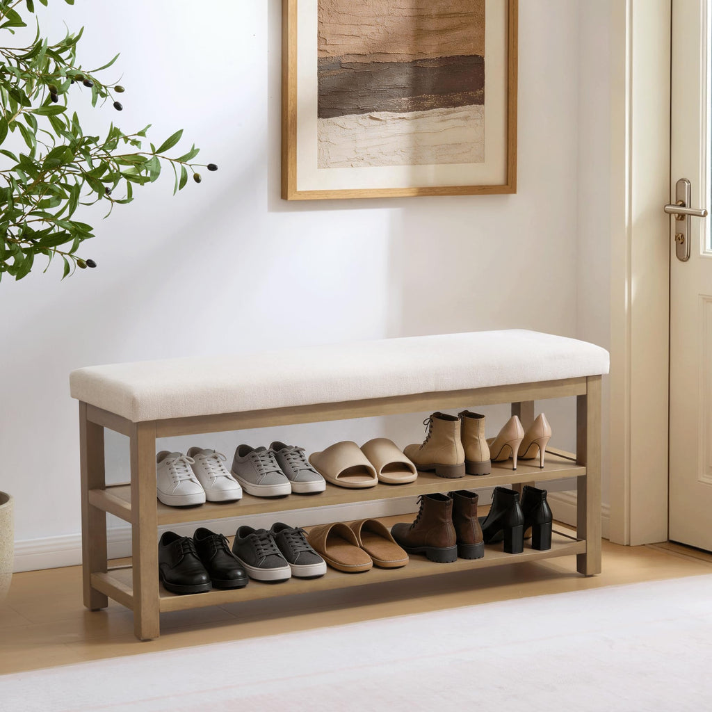 2 Tier Shoe Rack Bench with Cushion, Solid Wood Shoe Benches, Mid-Century Modern Shoe Storage Bench, Closet, Front