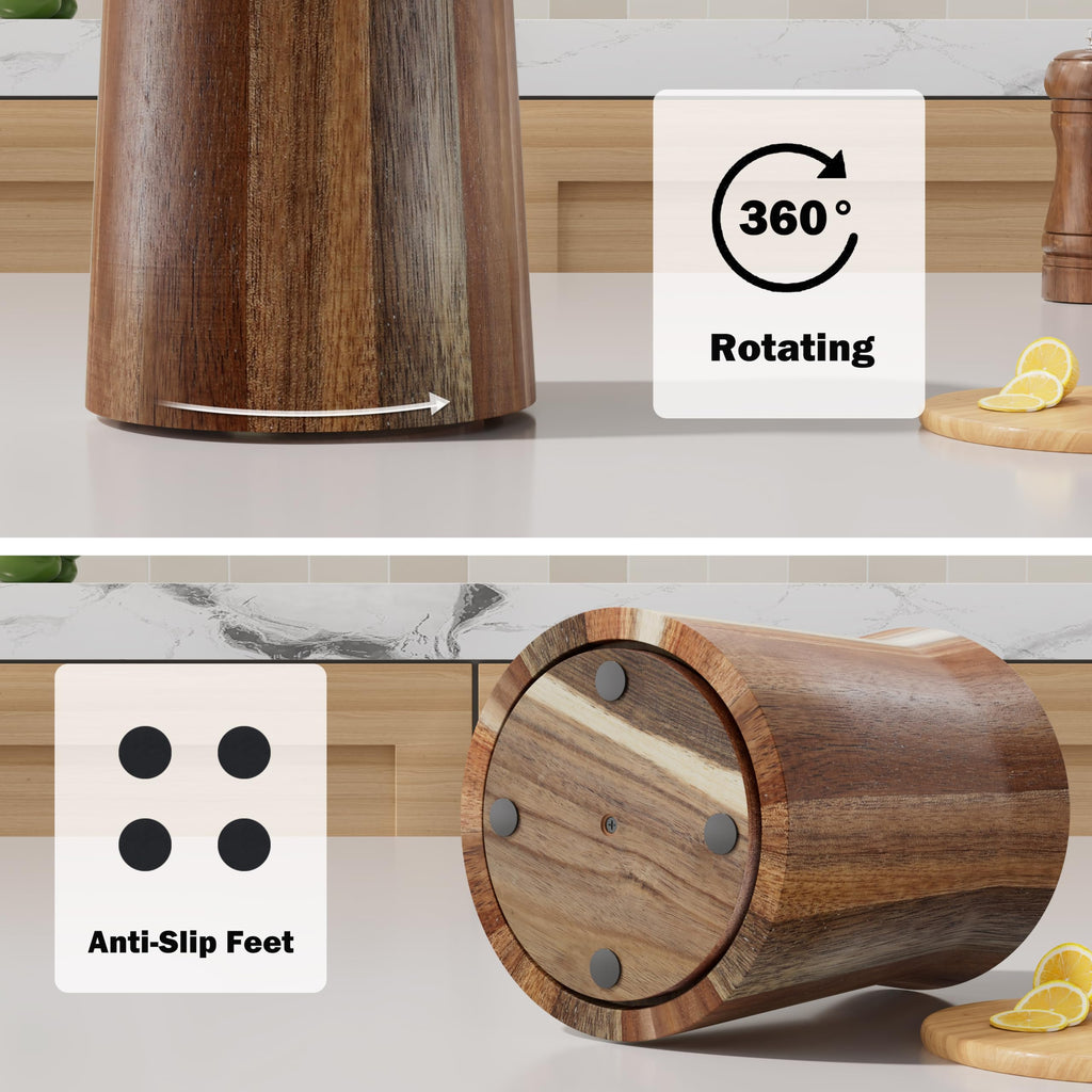 Utensil Holder, Acacia Wood Utensil Holder Counter, 360° Rotating Cooking Utensil Crocks for Countertop, 7.2" Large
