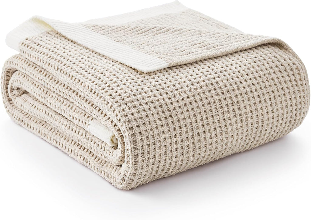 Chenille Throw Blanket, Soft Cozy Waffle Throw, Warm Yet Lightweight, Breathable All-Season Throws for Women Men