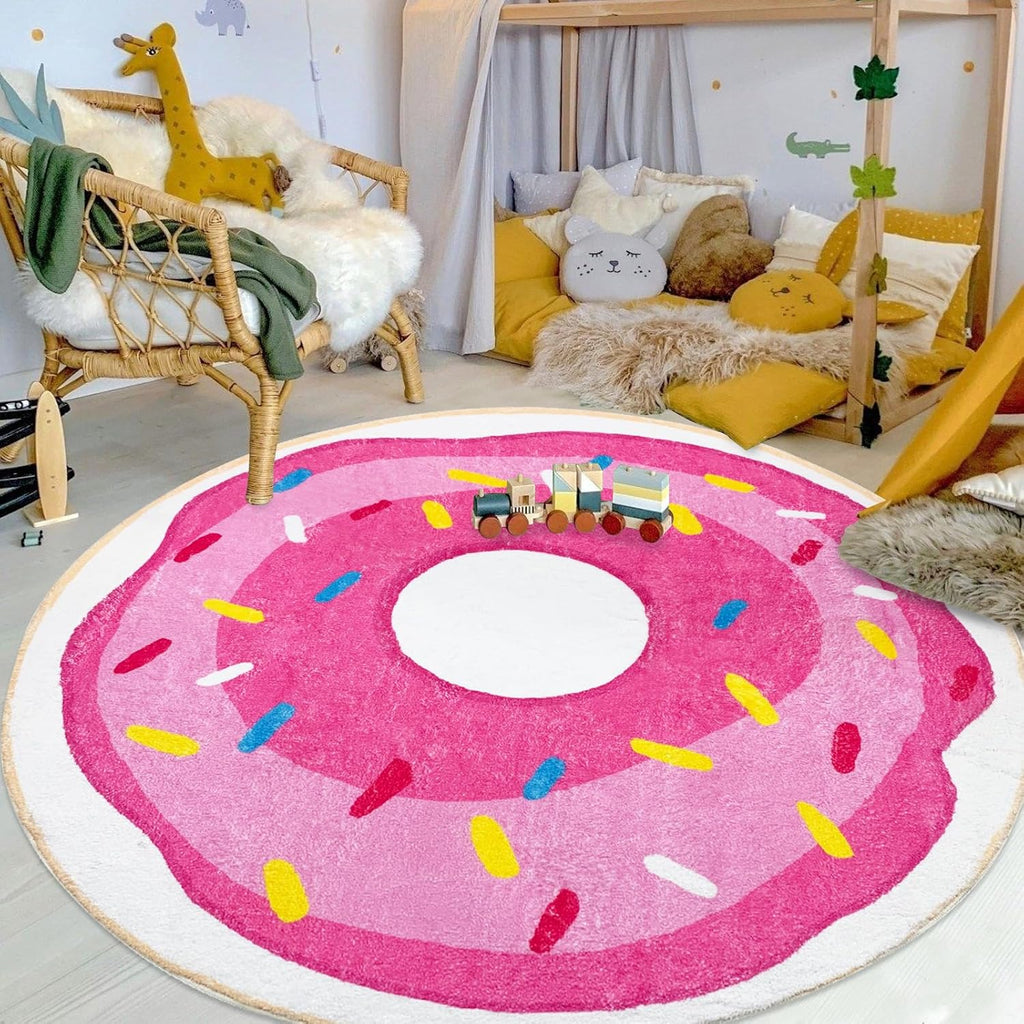 Kids Rug 5Ft Round Play Mat Pink Donut Playroom Rug for Girls Large Circle Bedroom Carpet for Nurser